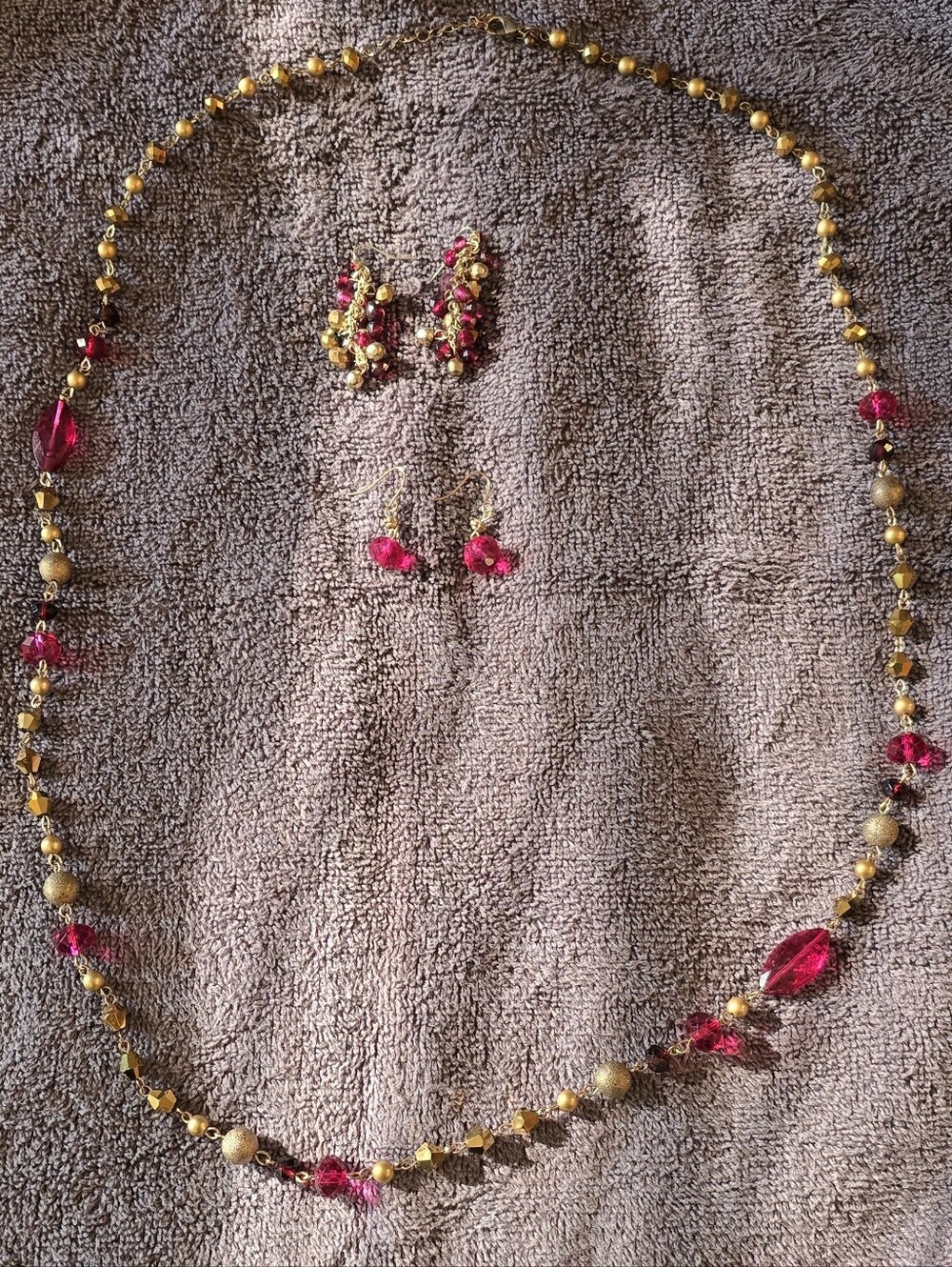 Gold-Tone Necklace and Earring Set with Fuchsia Crystal Accents
